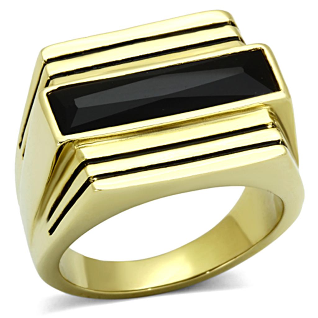 IP Gold(Ion Plating) Stainless Steel Ring with Synthetic Synthetic Glass in Jet