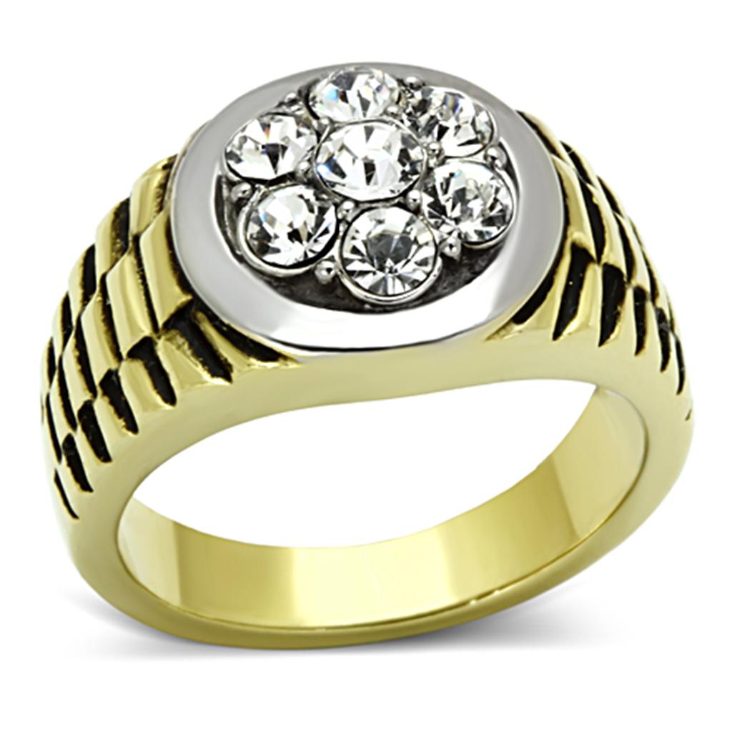 Two-Tone IP Gold (Ion Plating) Stainless Steel Ring with Top Grade Crystal in Clear
