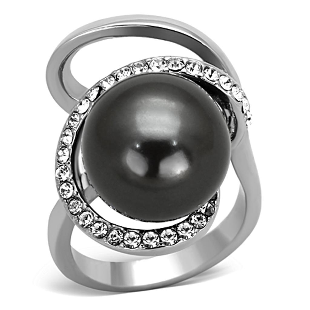 High polished (no plating) Stainless Steel Ring with Synthetic Pearl in Gray