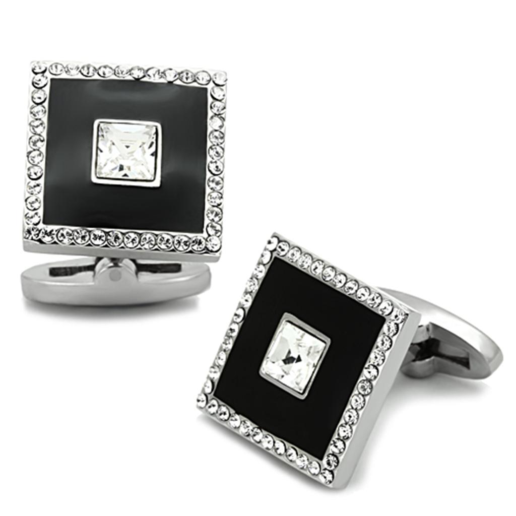 High polished (no plating) Stainless Steel Cufflink with Top Grade Crystal in Clear