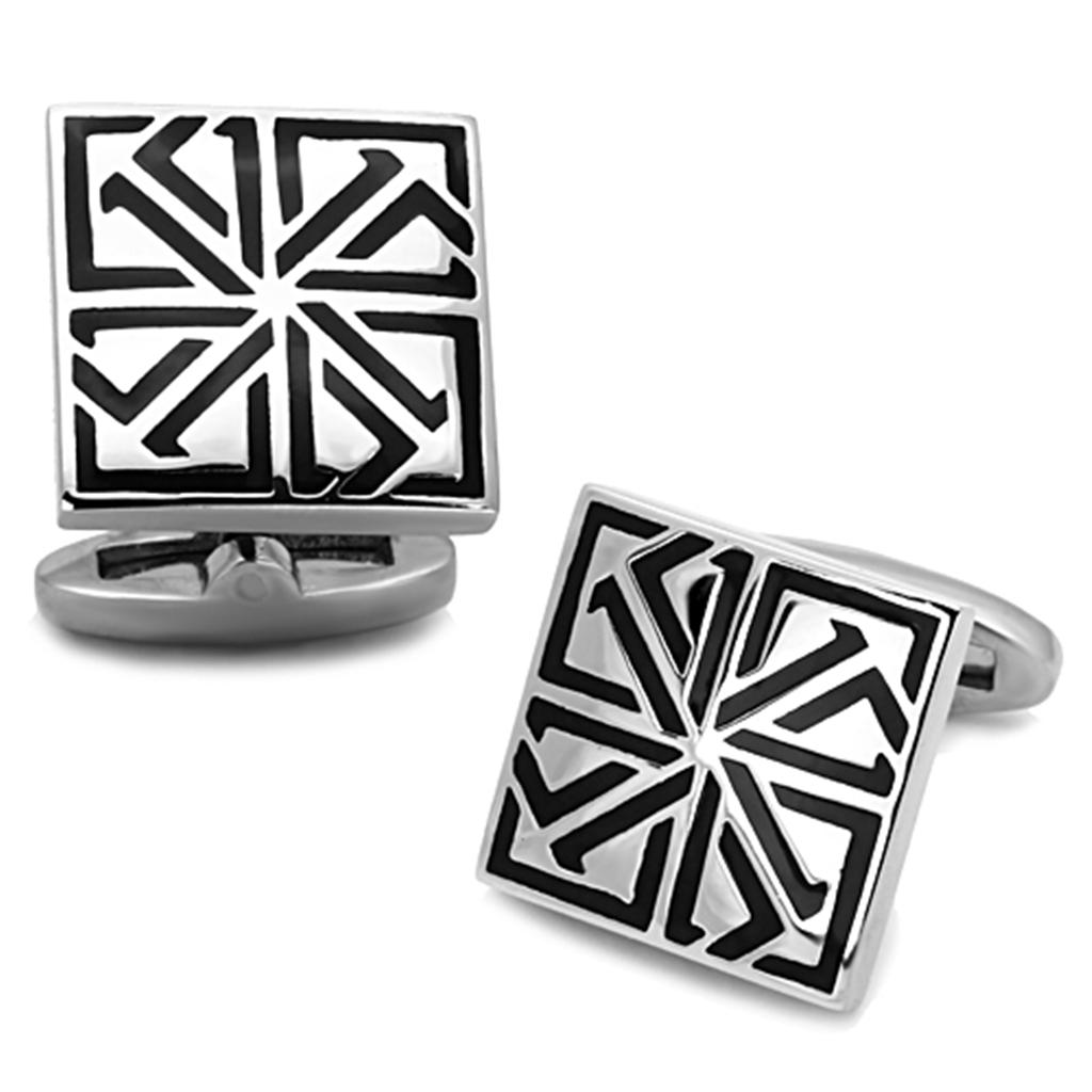 High polished (no plating) Stainless Steel Cufflink with Epoxy in Jet
