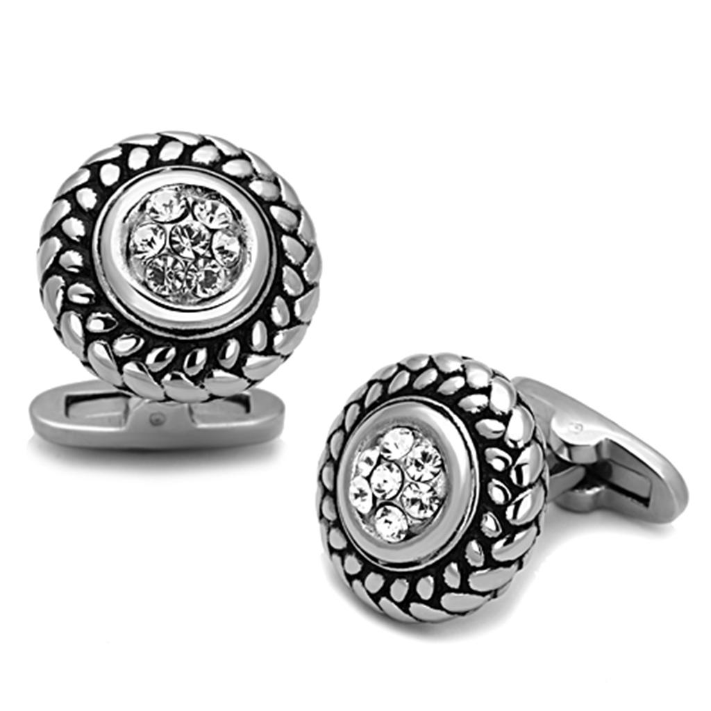 High polished (no plating) Stainless Steel Cufflink with Top Grade Crystal in Clear