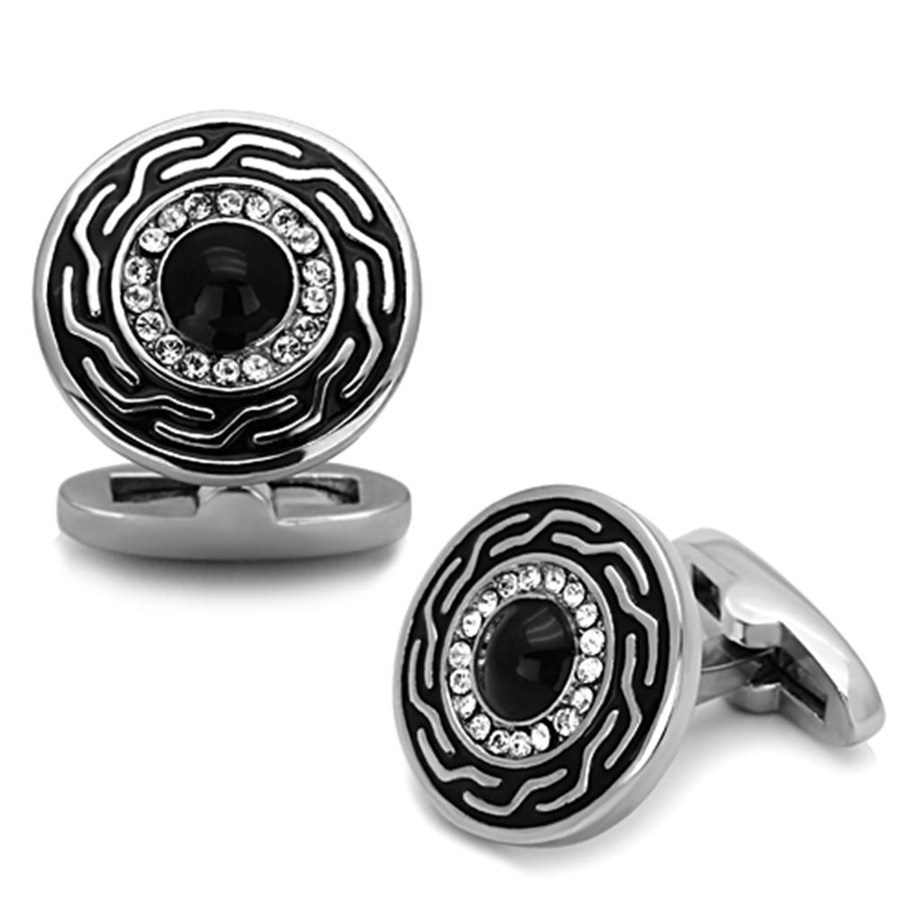 High polished (no plating) Stainless Steel Cufflink with Top Grade Crystal in Clear
