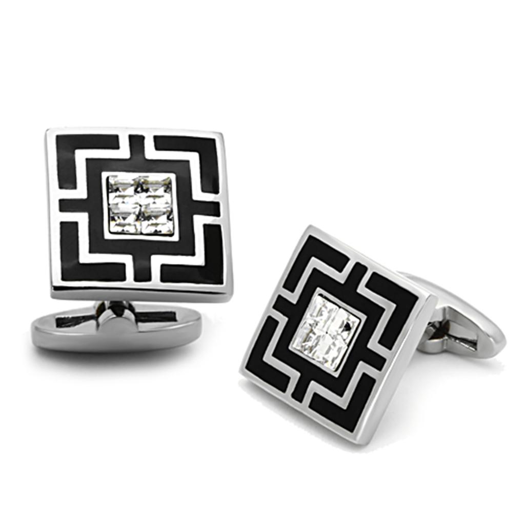 High polished (no plating) Stainless Steel Cufflink with Top Grade Crystal in Clear