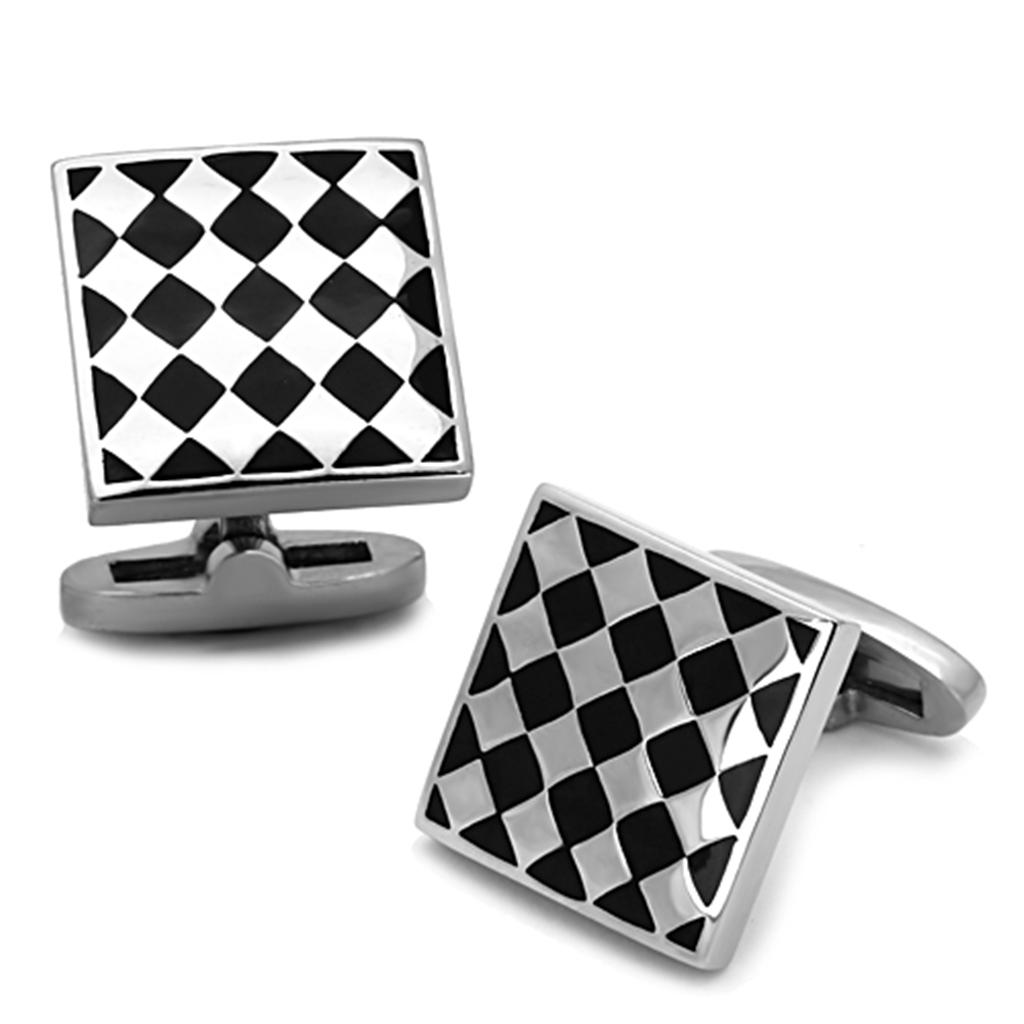 High polished (no plating) Stainless Steel Cufflink with Epoxy in Jet