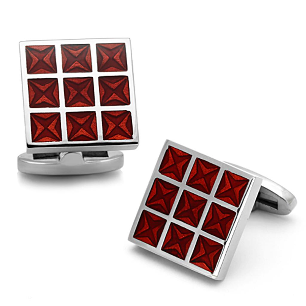 High polished (no plating) Stainless Steel Cufflink with Epoxy in Garnet