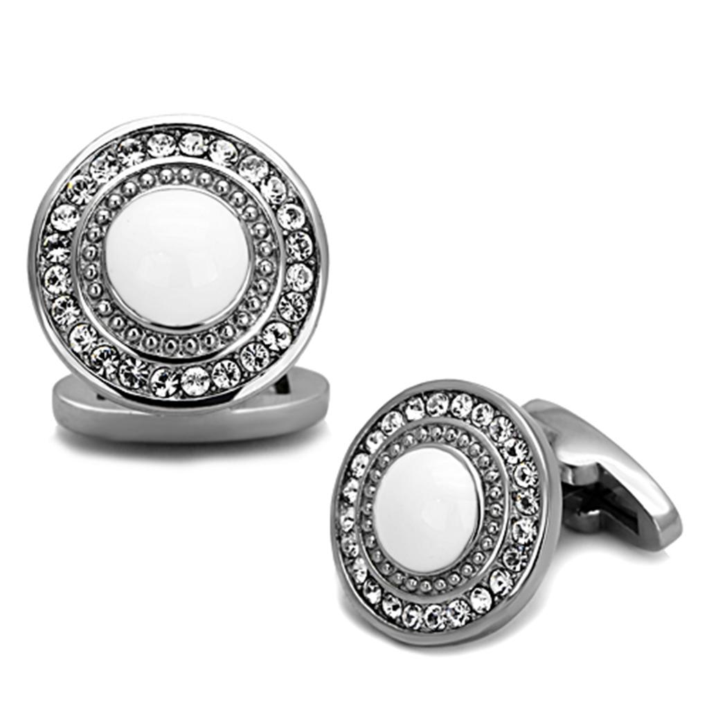 High polished (no plating) Stainless Steel Cufflink with Top Grade Crystal in Clear