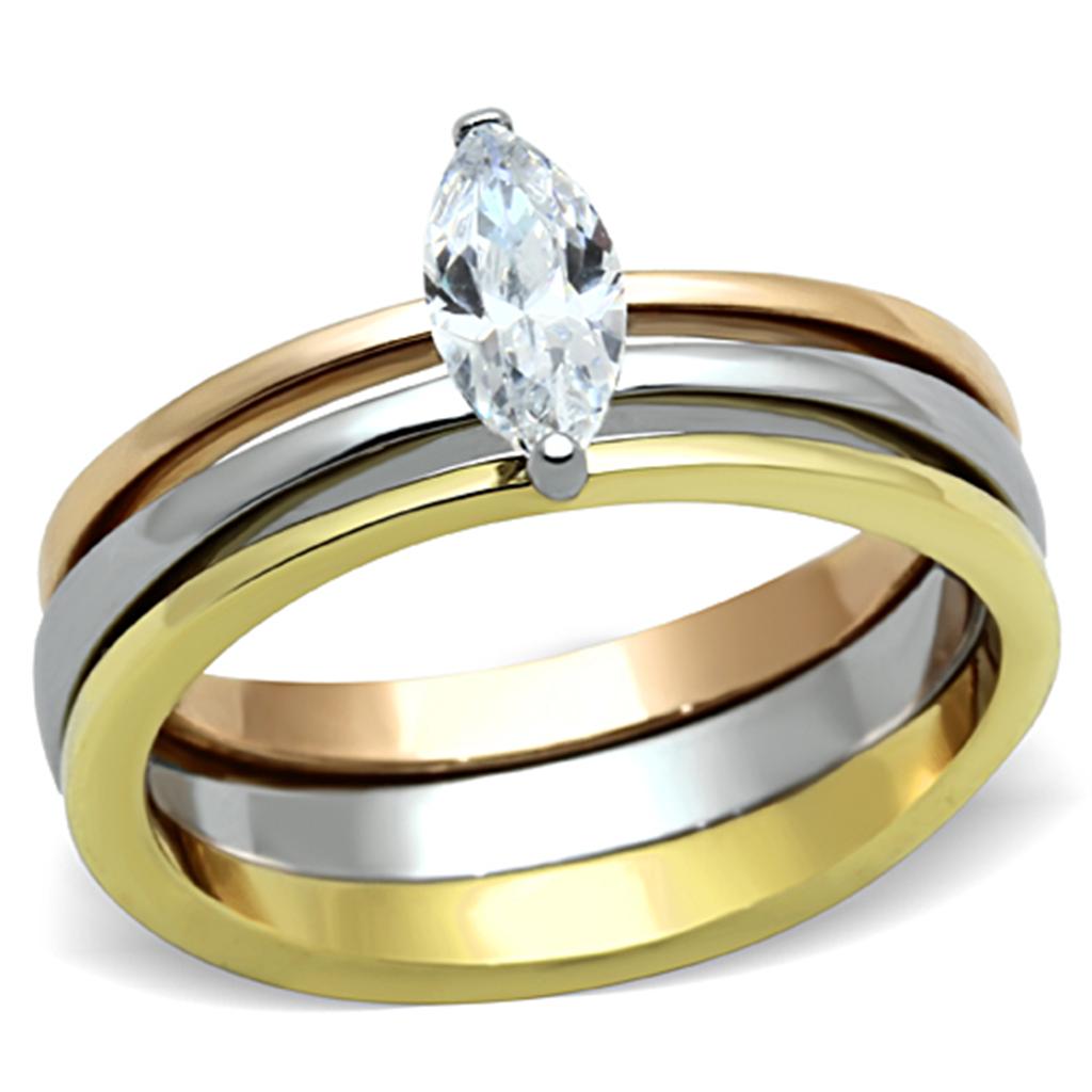 Three Tone (IP Gold & IP Rose Gold & High Polished) Stainless Steel Ring with AAA Grade CZ in Clear