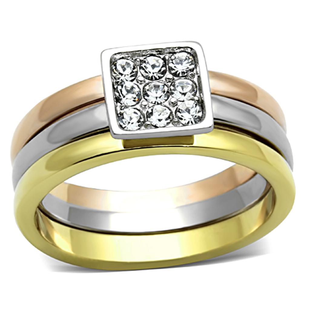 Three Tone (IP Gold & IP Rose Gold & High Polished) Stainless Steel Ring with Top Grade Crystal in Clear
