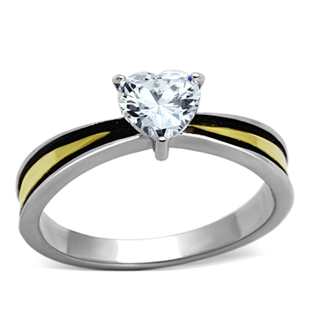 Two-Tone IP Gold (Ion Plating) Stainless Steel Ring with AAA Grade CZ in Clear