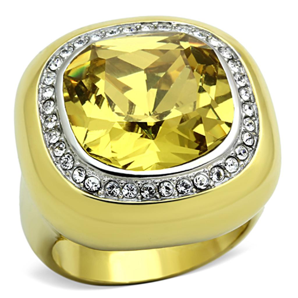 Two-Tone IP Gold (Ion Plating) Stainless Steel Ring with Synthetic Synthetic Glass in Topaz