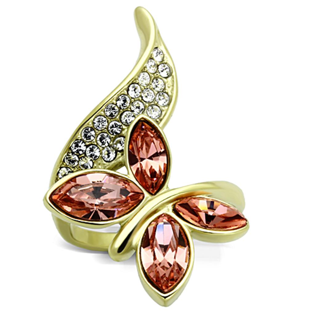 IP Gold(Ion Plating) Stainless Steel Ring with Top Grade Crystal in Light Peach