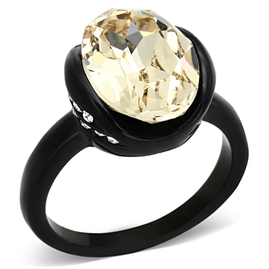 IP Black(Ion Plating) Stainless Steel Ring with Top Grade Crystal in Light Smoked
