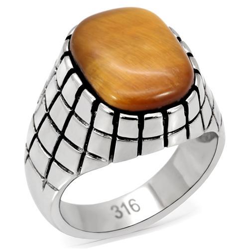 High polished (no plating) Stainless Steel Ring with Synthetic Tiger Eye in Topaz