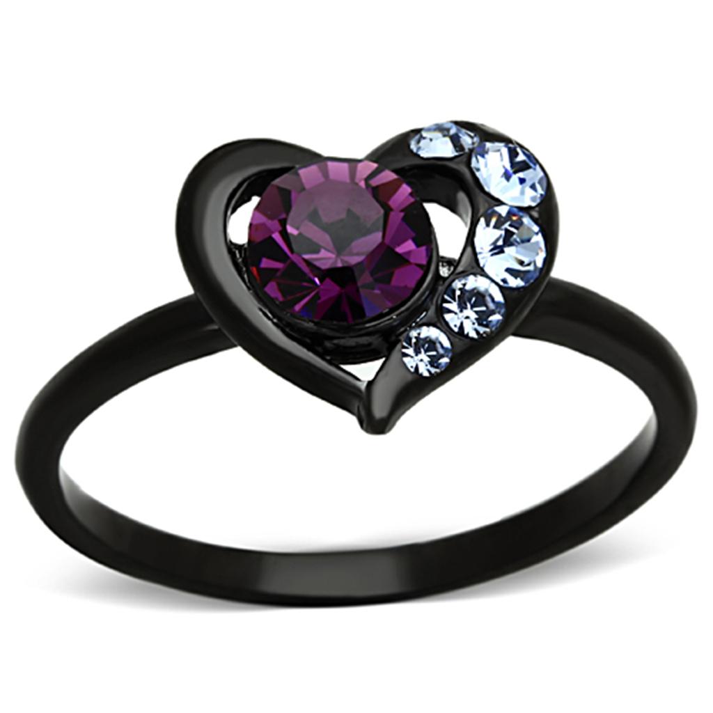 IP Black(Ion Plating) Stainless Steel Ring with Top Grade Crystal in Amethyst