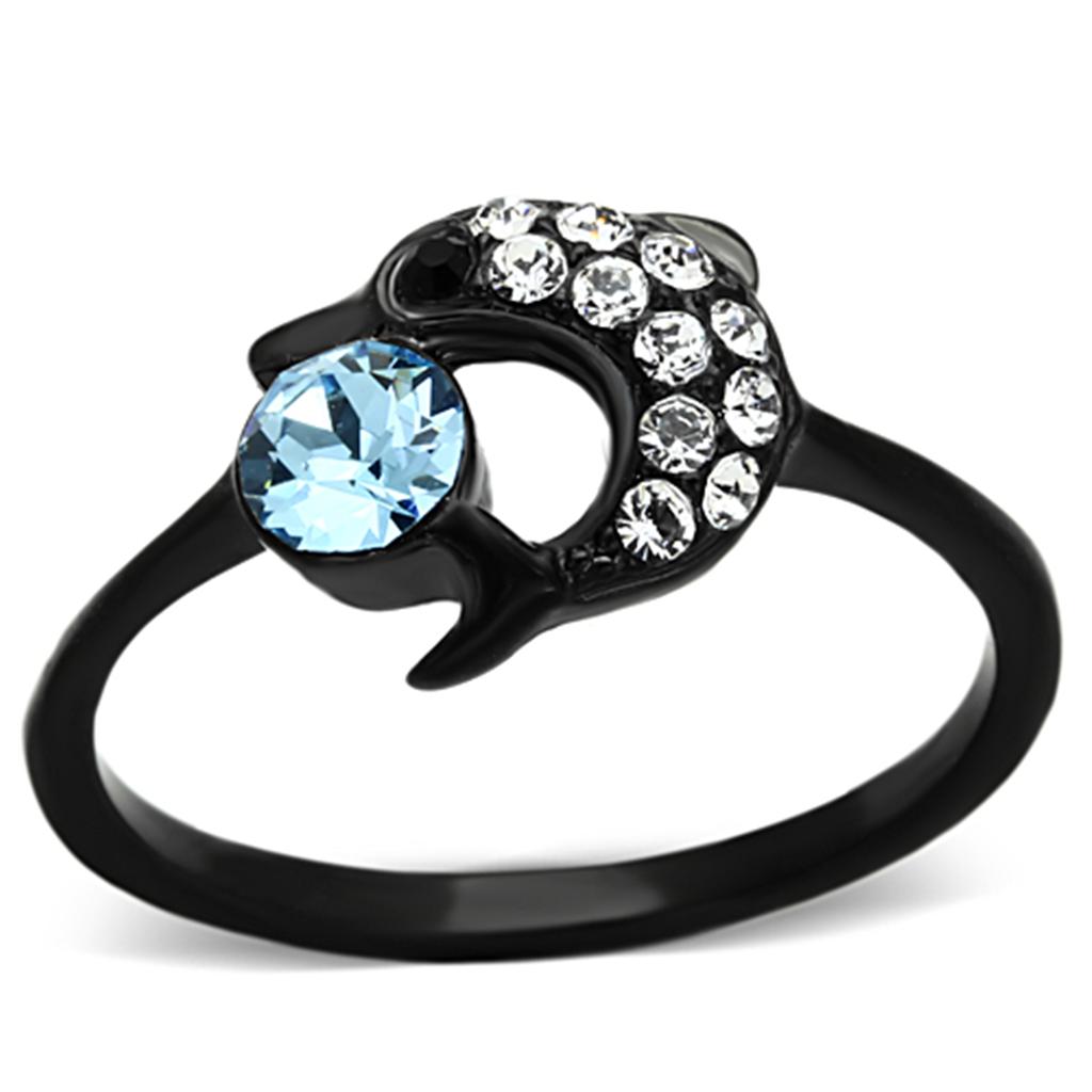 IP Black(Ion Plating) Stainless Steel Ring with Top Grade Crystal in Sea Blue