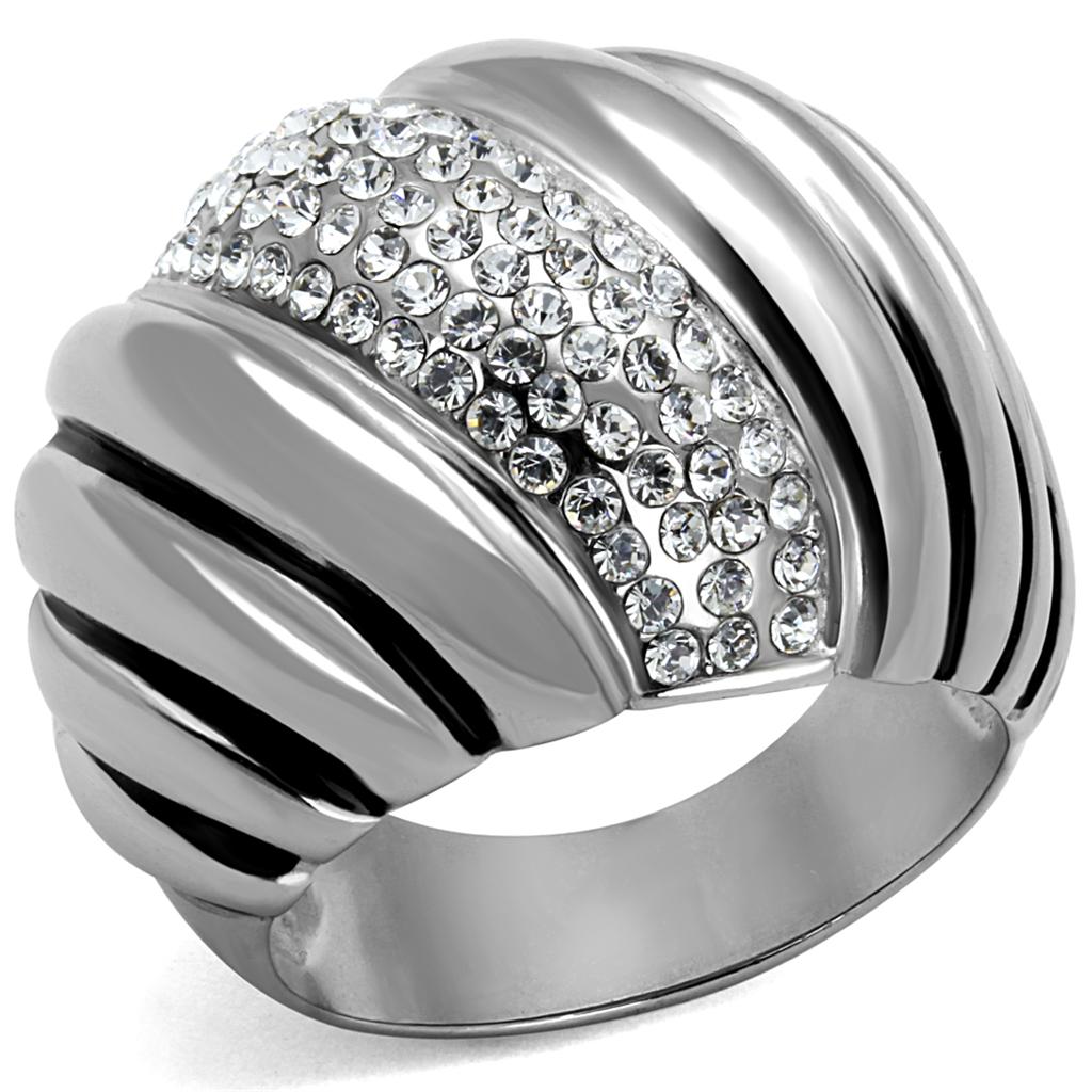 High polished (no plating) Stainless Steel Ring with Top Grade Crystal in Clear