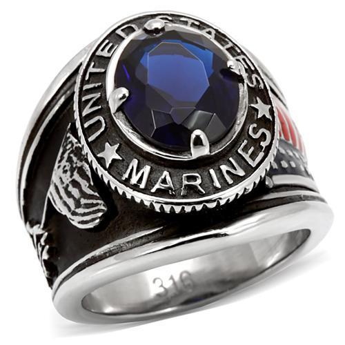 High-Polished Stainless Steel Marines Ring with Montana Blue Synthetic Glass