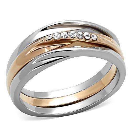 Two-Tone IP Rose Gold Stainless Steel Ring with Top Grade Crystal in Clear