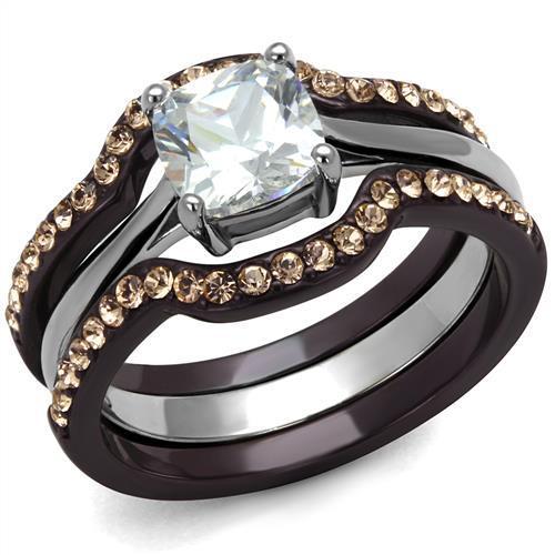 Two Tone IP Dark Brown (IP coffee) Stainless Steel Ring with AAA Grade CZ in Clear