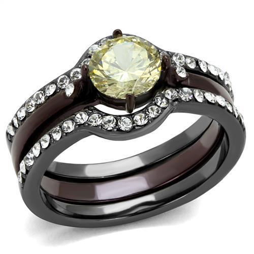 IP Light Black (IP Gun) & IP Dark Brown (IP coffee) Stainless Steel Ring with AAA Grade CZ in Citrine Yellow