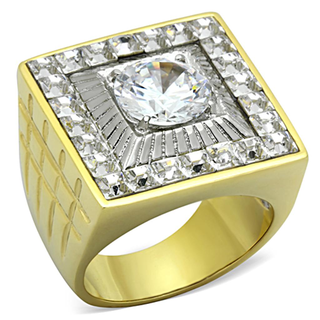 Two-Tone IP Gold (Ion Plating) Stainless Steel Ring with AAA Grade CZ in Clear