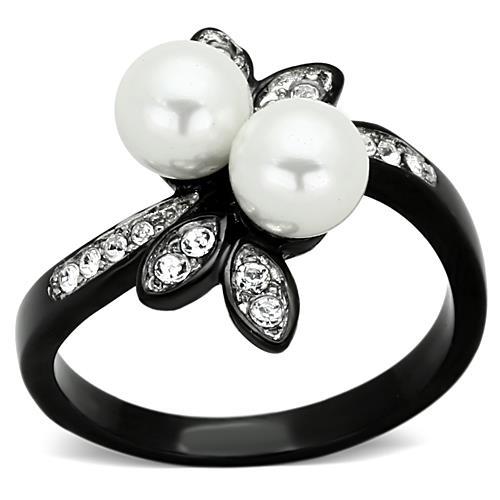 Two-Tone IP Black (Ion Plating) Stainless Steel Ring with Synthetic Pearl in White