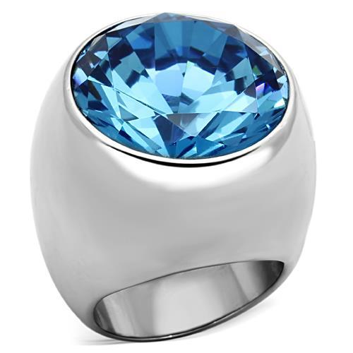 High polished (no plating) Stainless Steel Ring with Synthetic Synthetic Glass in Sea Blue