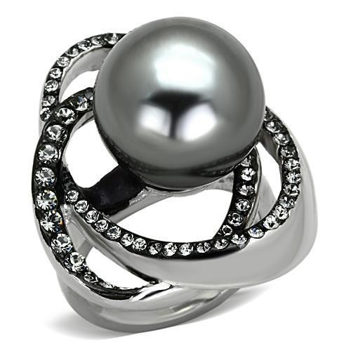 High polished (no plating) Stainless Steel Ring with Synthetic Pearl in Gray