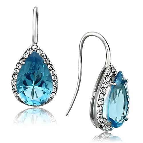 High polished (no plating) Stainless Steel Earrings with Synthetic Synthetic Glass in Sea Blue