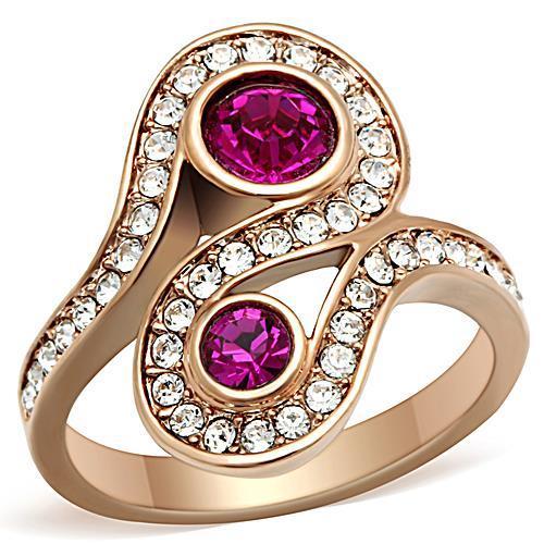 IP Rose Gold(Ion Plating) Stainless Steel Ring with Top Grade Crystal in Fuchsia