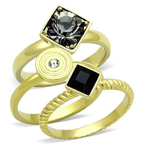 IP Gold(Ion Plating) Stainless Steel Ring with Top Grade Crystal in Jet