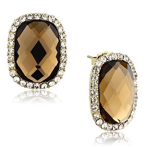 IP Gold(Ion Plating) Stainless Steel Earrings with Synthetic Synthetic Glass in Smoked Quartz