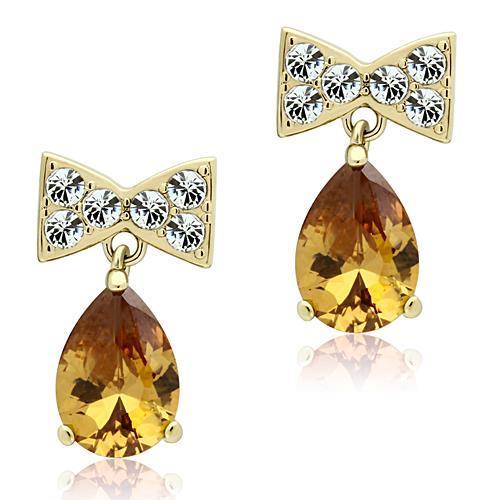 IP Gold(Ion Plating) Stainless Steel Earrings with AAA Grade CZ in Champagne