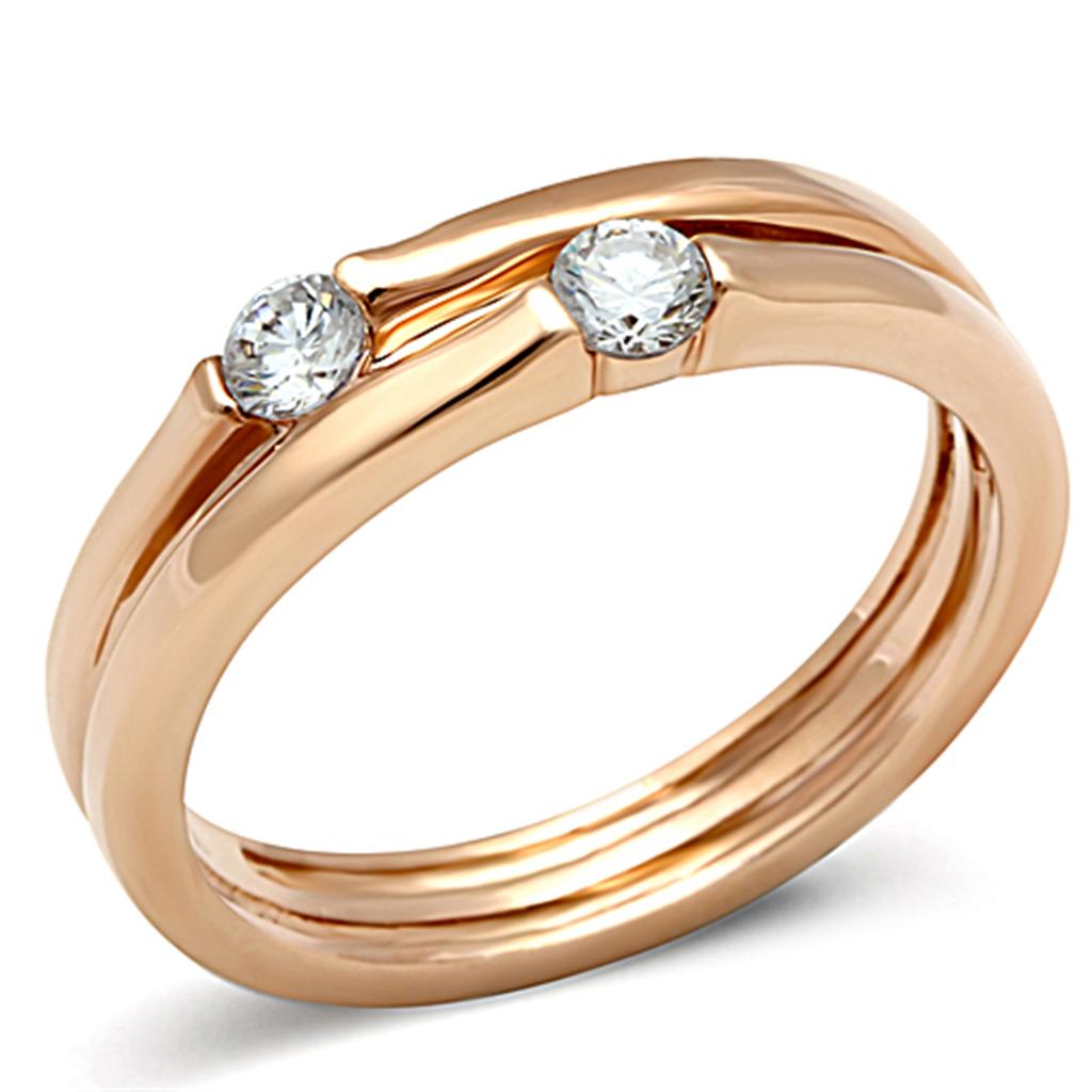 IP Rose Gold(Ion Plating) Stainless Steel Ring with AAA Grade CZ in Clear
