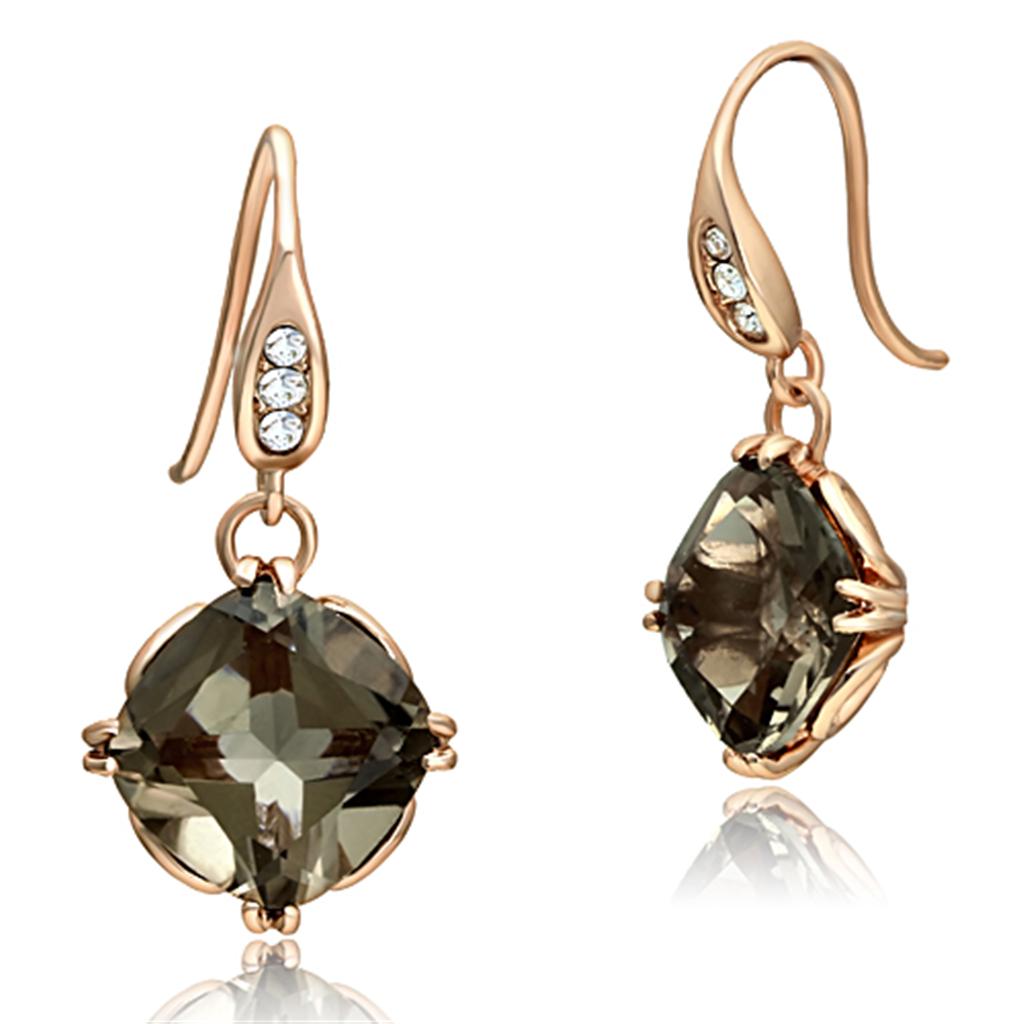 IP Rose Gold(Ion Plating) Stainless Steel Earrings with Semi-Precious Smoky Quarter in Light Smoked