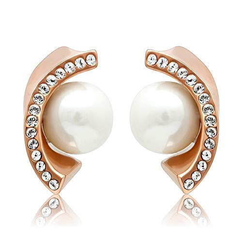 IP Rose Gold(Ion Plating) Stainless Steel Earrings with Synthetic Pearl in White