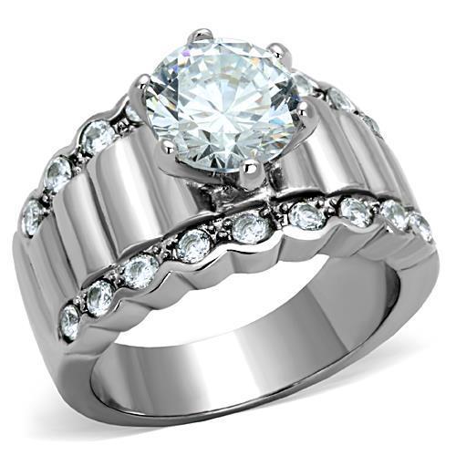 High polished (no plating) Stainless Steel Ring with AAA Grade CZ in Clear