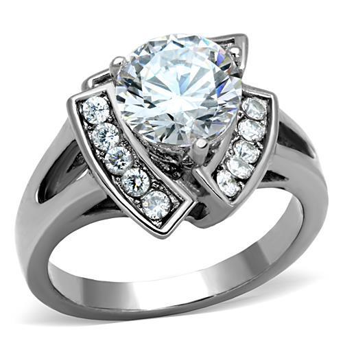 High polished (no plating) Stainless Steel Ring with AAA Grade CZ in Clear