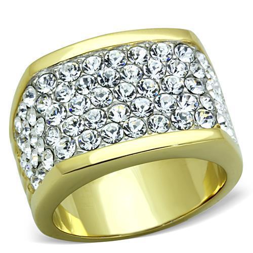 Two-Tone IP Gold (Ion Plating) Stainless Steel Ring with Top Grade Crystal in Clear