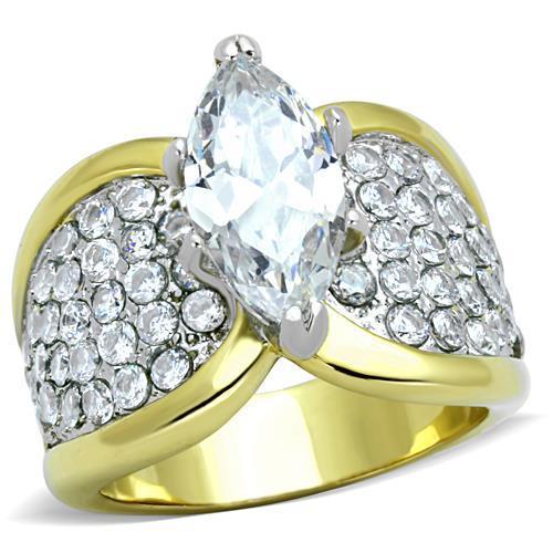 Two-Tone IP Gold (Ion Plating) Stainless Steel Ring with AAA Grade CZ in Clear