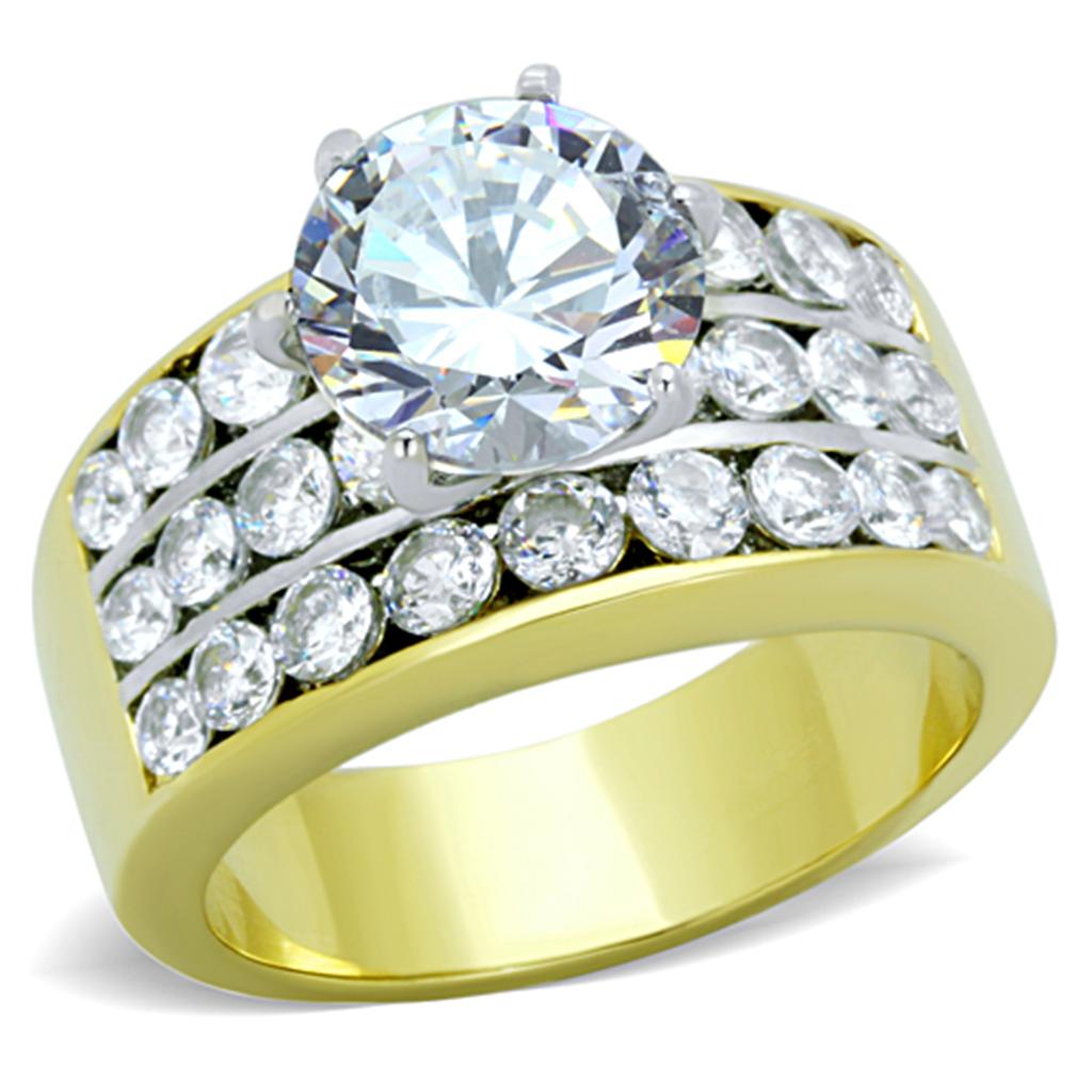 Two-Tone IP Gold (Ion Plating) Stainless Steel Ring with AAA Grade CZ in Clear