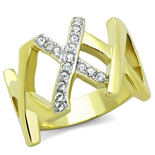 Two-Tone IP Gold (Ion Plating) Stainless Steel Ring with Top Grade Crystal in Clear