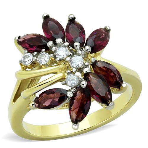 Two-Tone IP Gold (Ion Plating) Stainless Steel Ring with Synthetic Synthetic Glass in Amethyst