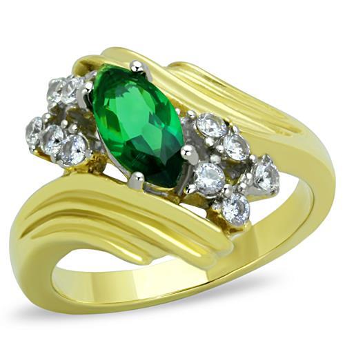 Two-Tone IP Gold (Ion Plating) Stainless Steel Ring with Synthetic Synthetic Glass in Emerald