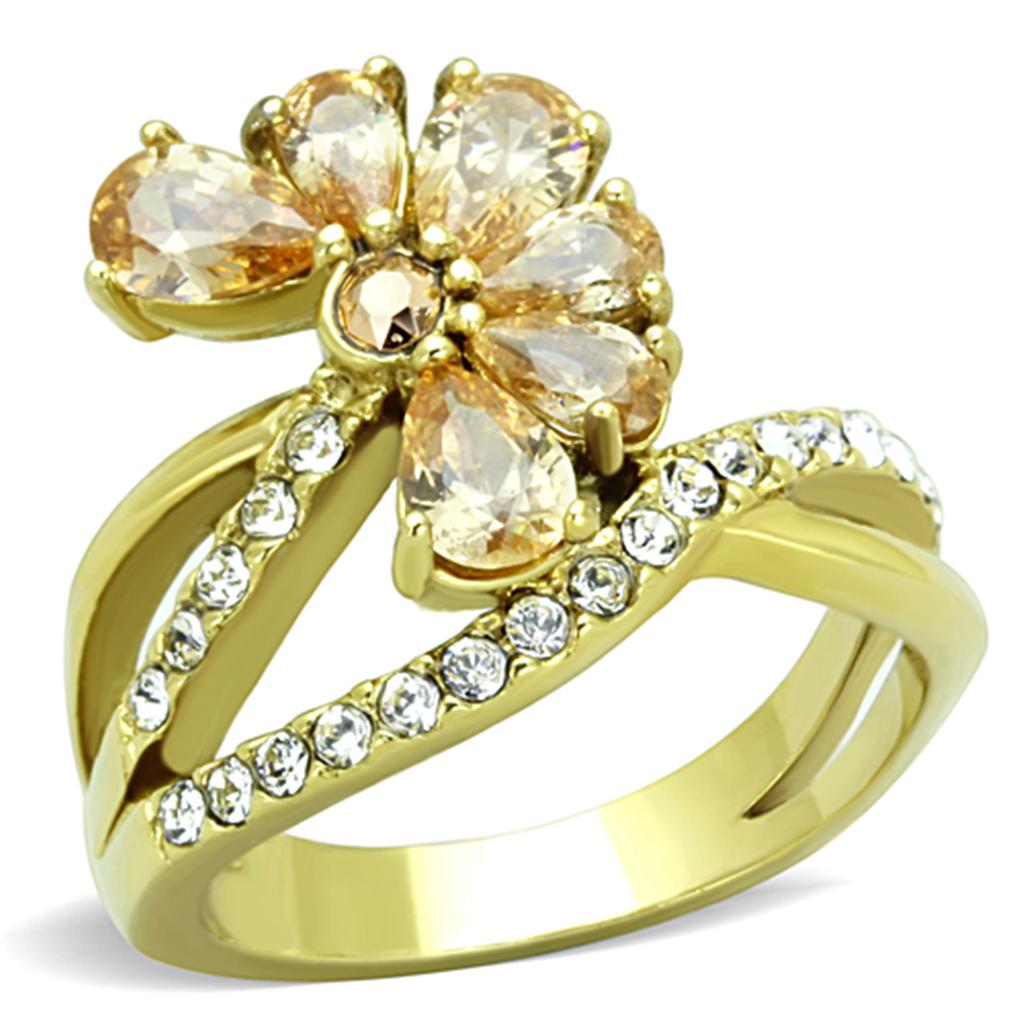 IP Gold(Ion Plating) Stainless Steel Ring with AAA Grade CZ in Champagne