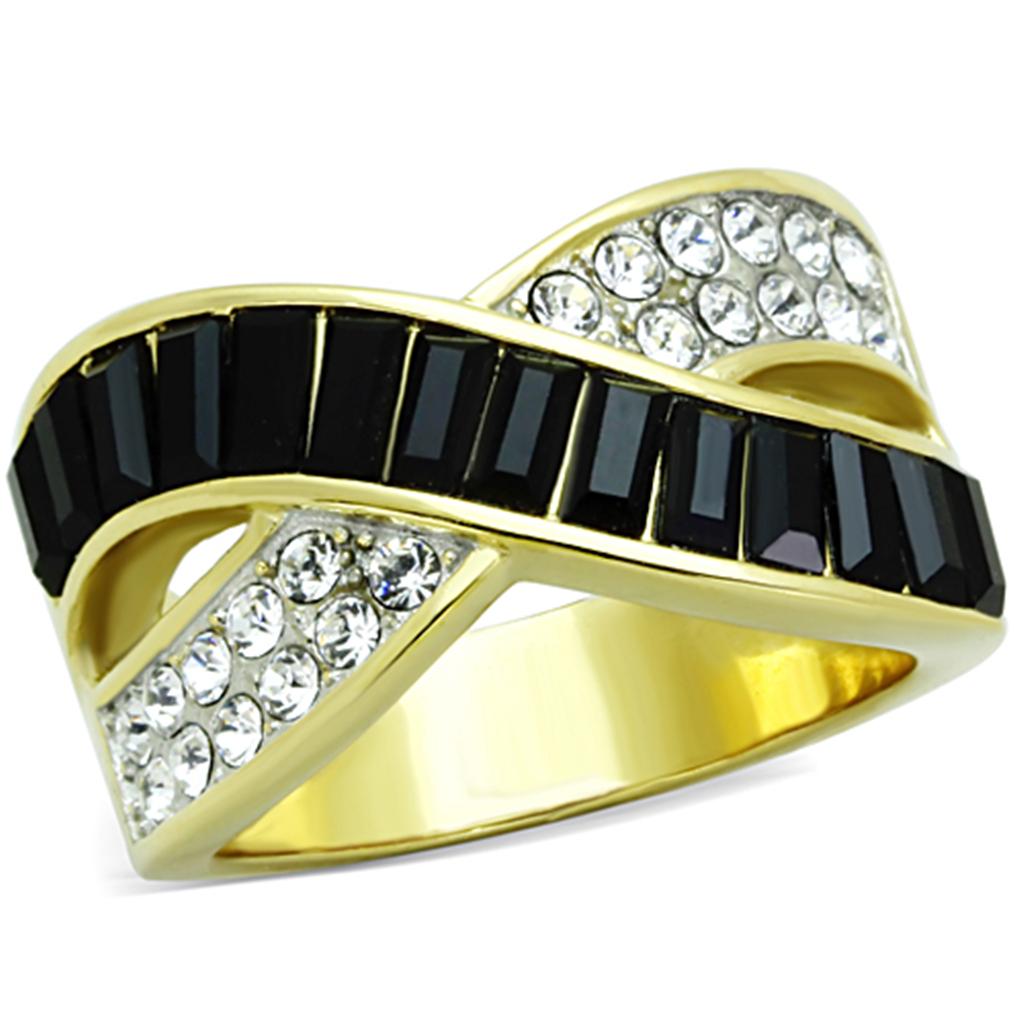 Two-Tone IP Gold (Ion Plating) Stainless Steel Ring with Top Grade Crystal in Jet