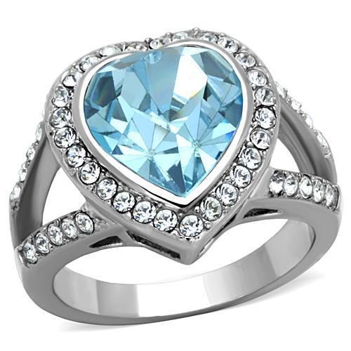 High polished (no plating) Stainless Steel Ring with Top Grade Crystal in Sea Blue
