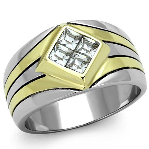 Two-Tone IP Gold (Ion Plating) Stainless Steel Ring with Top Grade Crystal in Clear