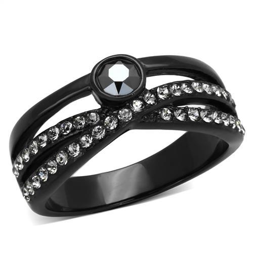 IP Black(Ion Plating) Stainless Steel Ring with Top Grade Crystal in Hematite